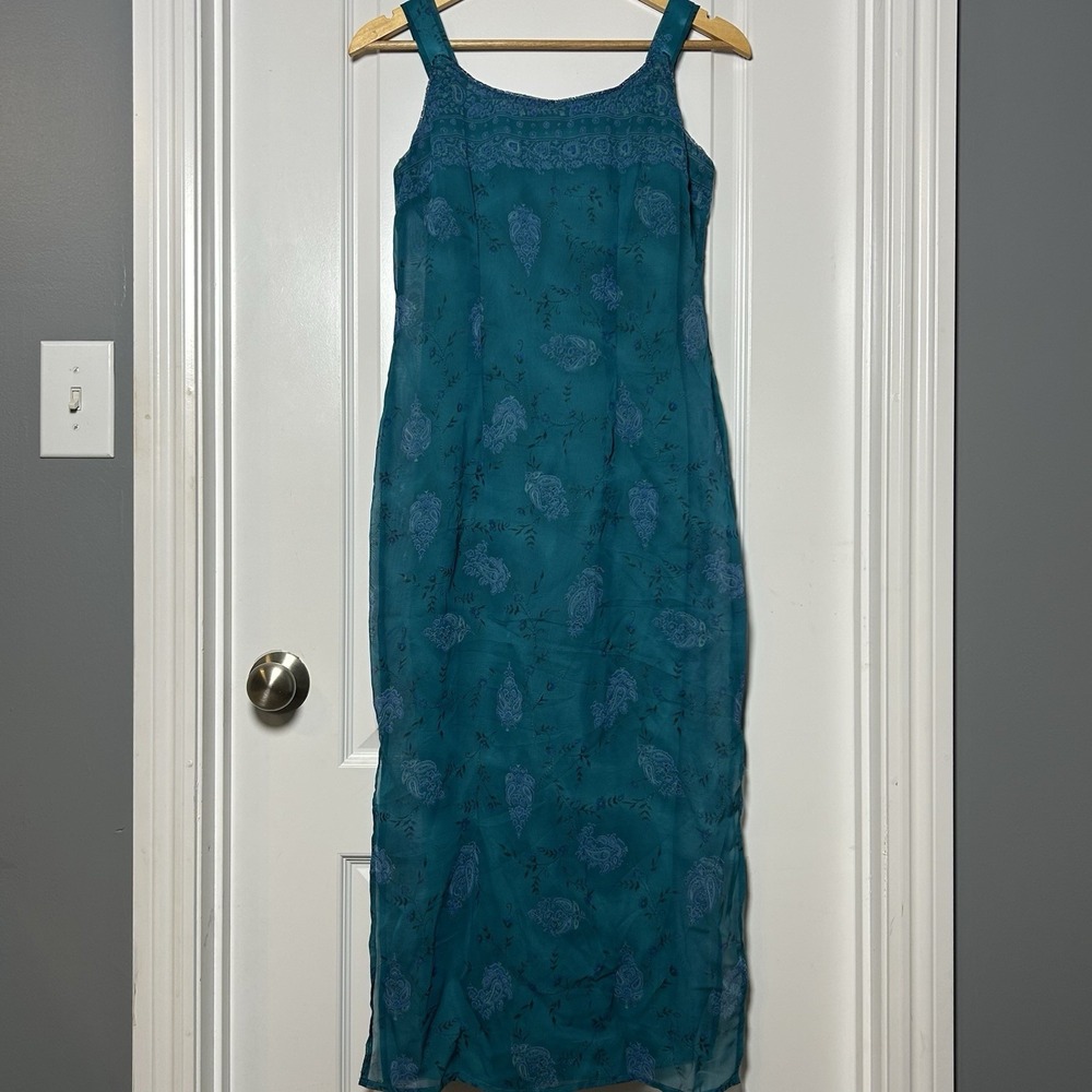 All That Jazz Vintage 90s Teal Paisley Print Sheer Overlay Beaded Maxi Dress